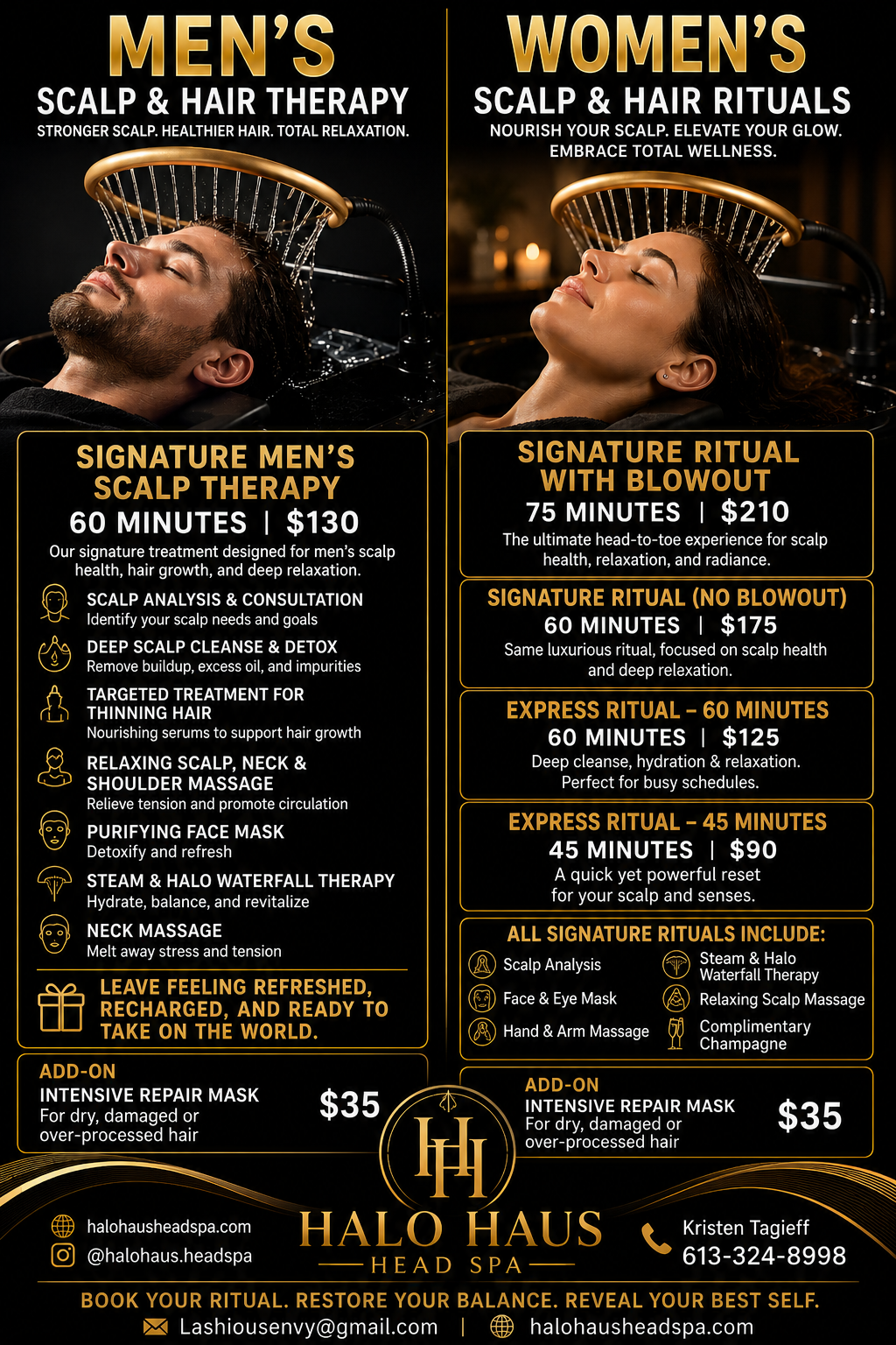 Halo Haus scalp and hair rituals menu featuring men's and women's treatment options